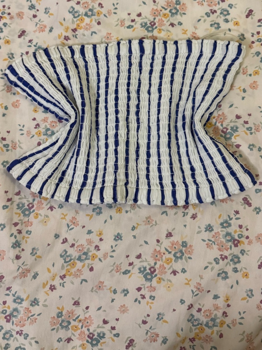 Blue & White Striped Knit Tube Crop Top
